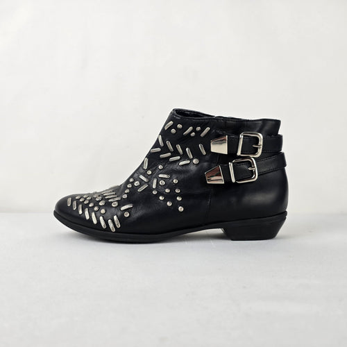 Schutz Black Leather Studded Buckle Ankle Boots Size 6