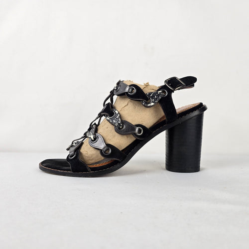 Coach Link Black Suede Snakeskin Print Block Heel Sandals Size 7