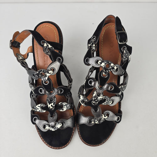 Coach Link Black Suede Snakeskin Print Block Heel Sandals Size 7