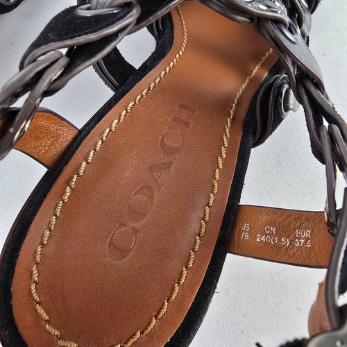 Coach Link Black Suede Snakeskin Print Block Heel Sandals Size 7