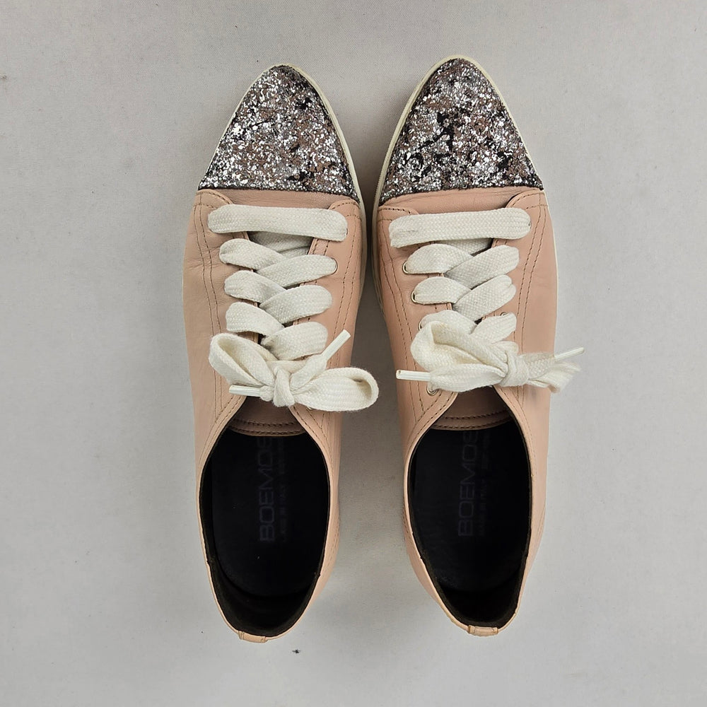 Boemos Italy Pink Leather Glitter Toe Cap Sneakers Size 6.5 Made in Italy