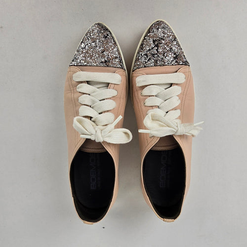 Boemos Italy Pink Leather Glitter Toe Cap Sneakers Size 6.5 Made in Italy