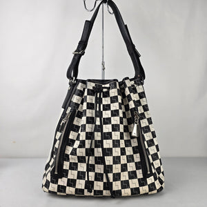L.A.M.B. Black White Geometric Drawstring Shoulder Bag