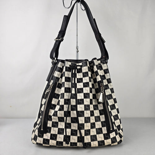 L.A.M.B. Black White Geometric Drawstring Shoulder Bag