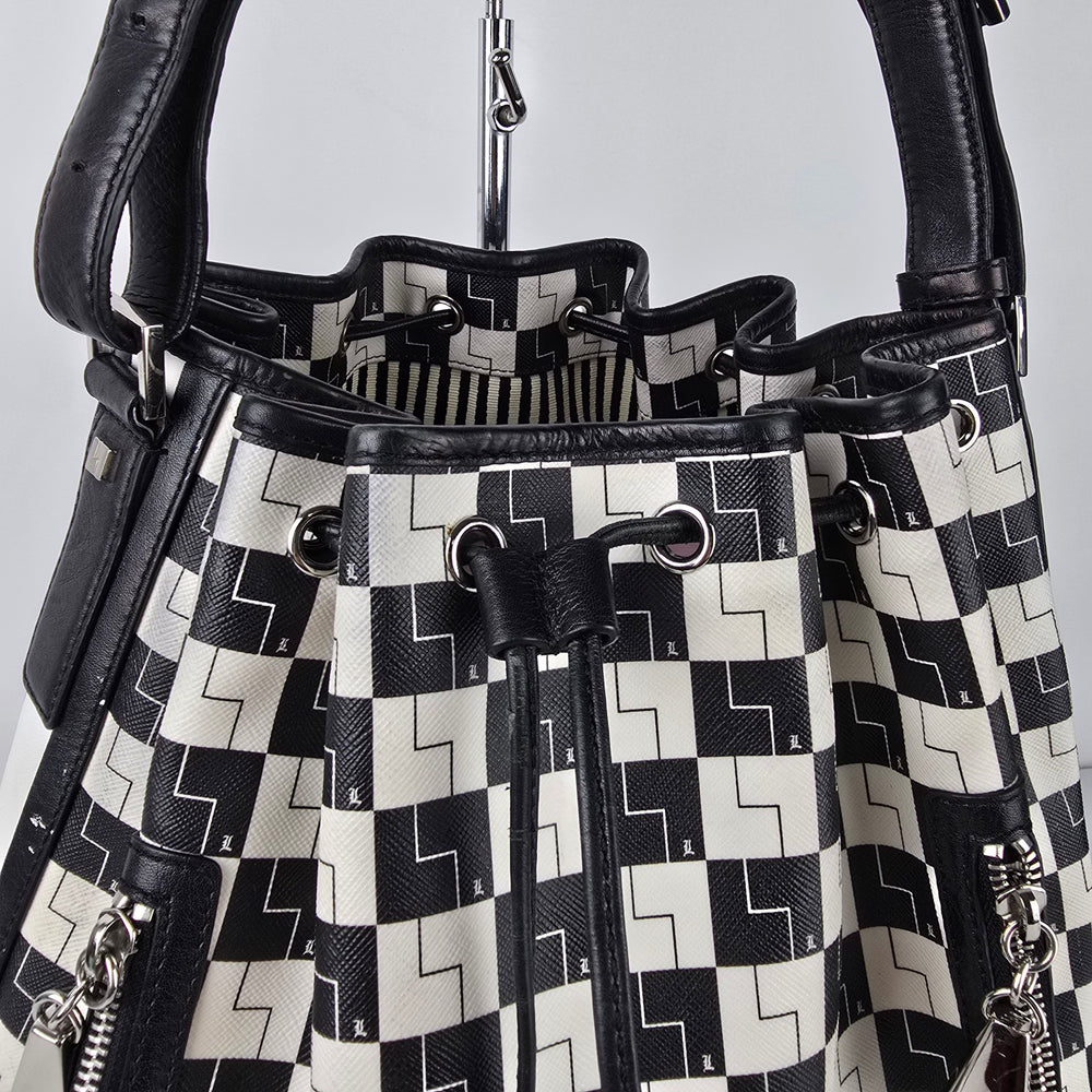 L.A.M.B. Black White Geometric Drawstring Shoulder Bag