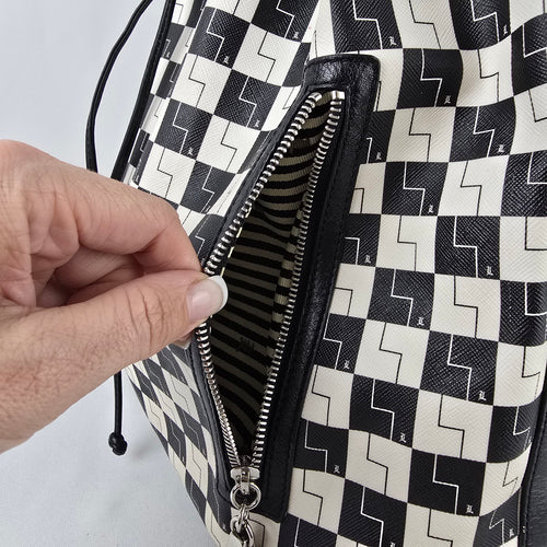 L.A.M.B. Black White Geometric Drawstring Shoulder Bag