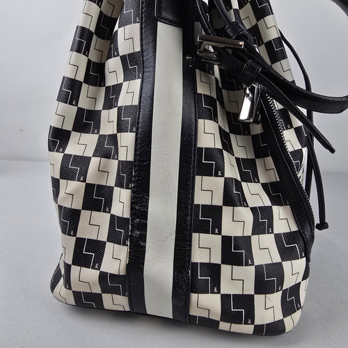 L.A.M.B. Black White Geometric Drawstring Shoulder Bag