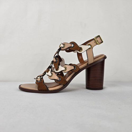 Coach Link Sandals Size 7 Brown Cream Leather Block Heel