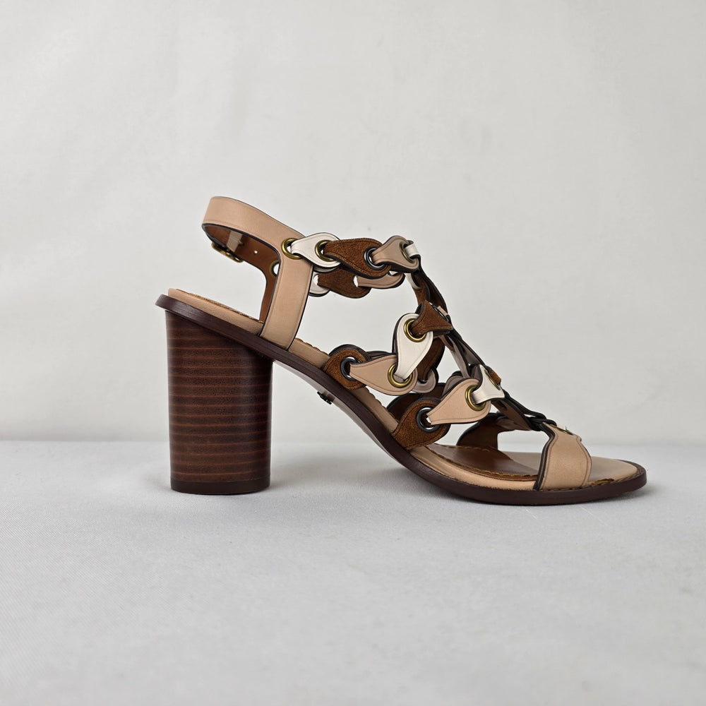 Coach Link Sandals Size 7 Brown Cream Leather Block Heel