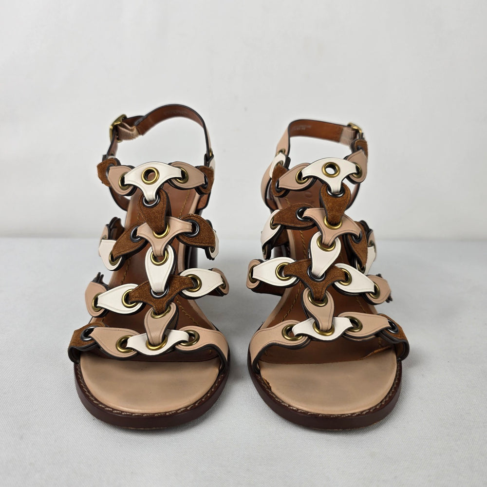 Coach Link Sandals Size 7 Brown Cream Leather Block Heel