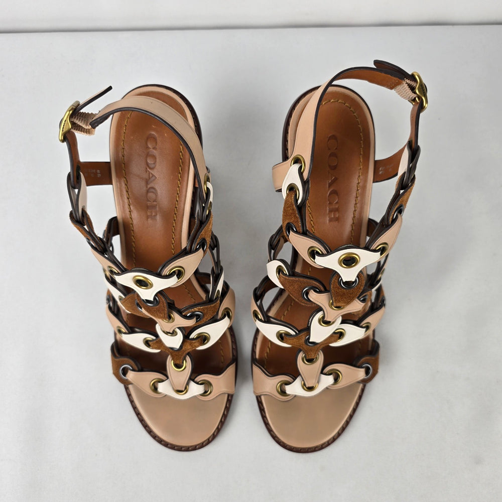 Coach Link Sandals Size 7 Brown Cream Leather Block Heel