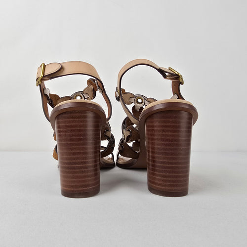 Coach Link Sandals Size 7 Brown Cream Leather Block Heel