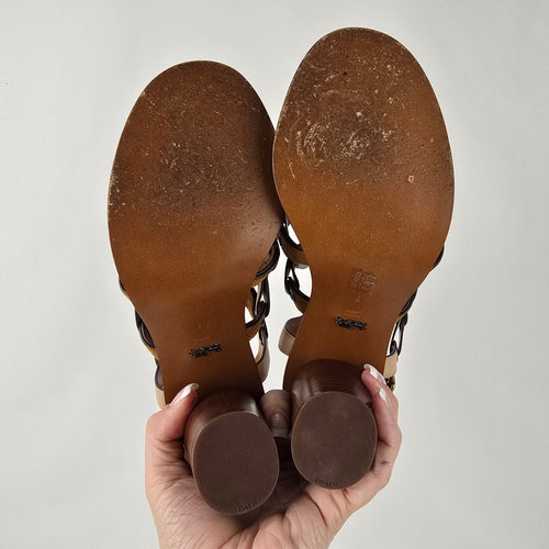Coach Link Sandals Size 7 Brown Cream Leather Block Heel