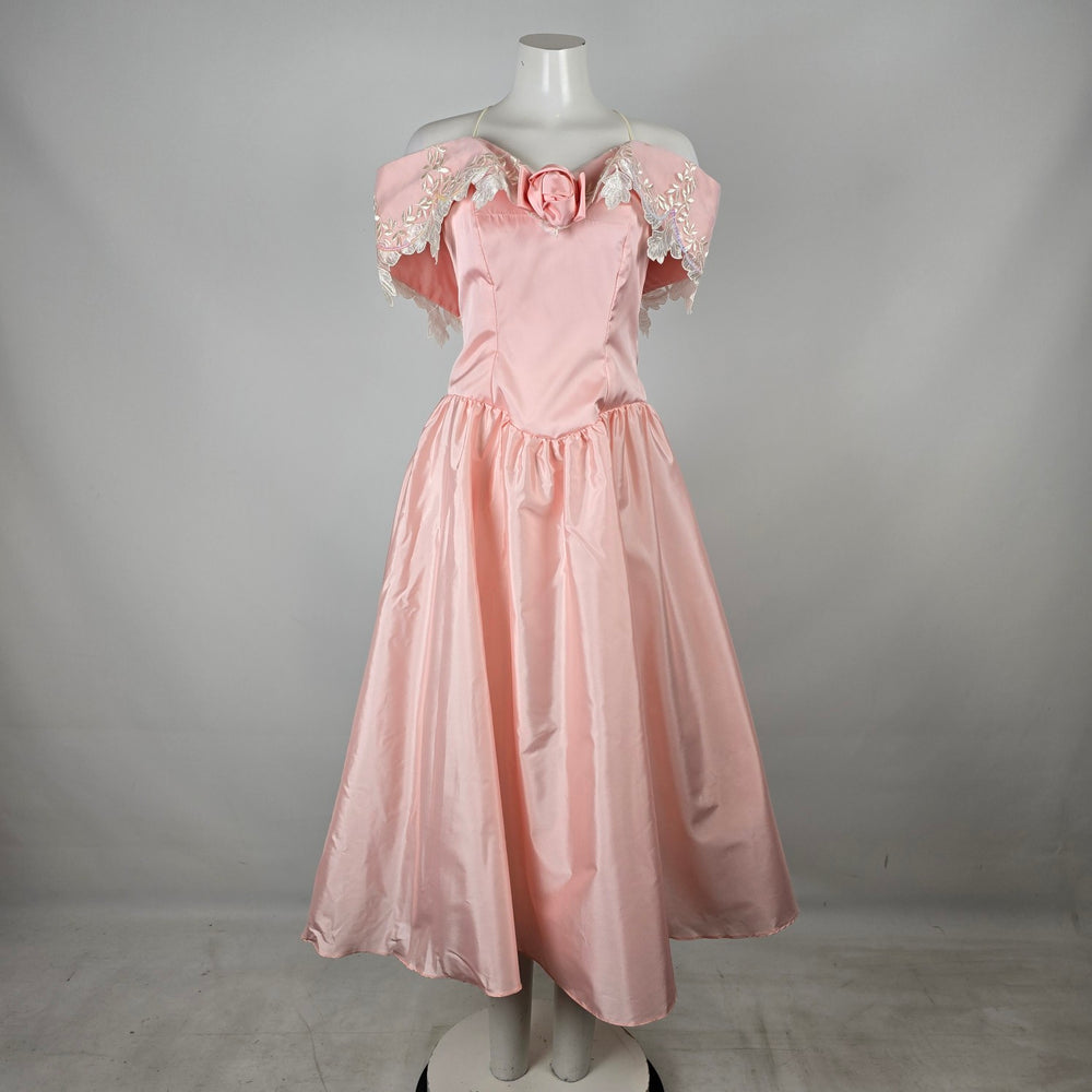 Vintage Pink Satin Off Shoulder Flower Girl Party Dress with Lace Appliqué Size S/M