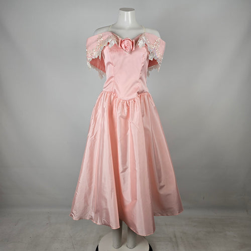 Vintage Pink Satin Off Shoulder Flower Girl Party Dress with Lace Appliqué Size S/M