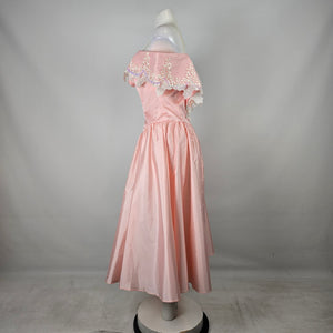 Vintage Pink Satin Off Shoulder Flower Girl Party Dress with Lace Appliqué Size S/M