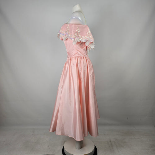 Vintage Pink Satin Off Shoulder Flower Girl Party Dress with Lace Appliqué Size S/M