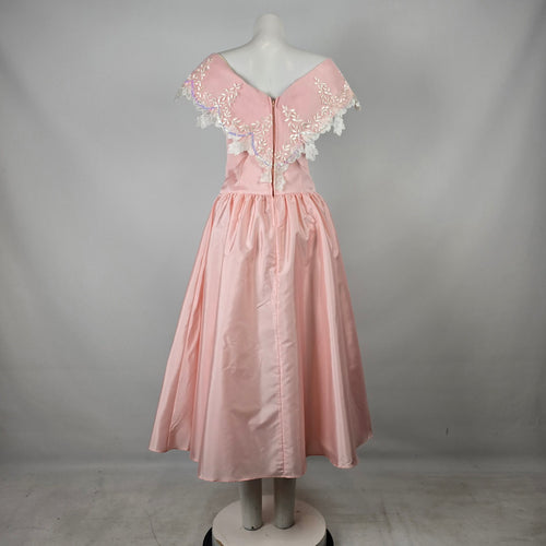 Vintage Pink Satin Off Shoulder Flower Girl Party Dress with Lace Appliqué Size S/M