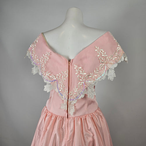 Vintage Pink Satin Off Shoulder Flower Girl Party Dress with Lace Appliqué Size S/M