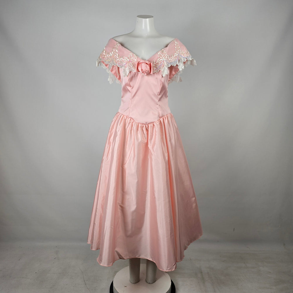 Vintage Pink Satin Off Shoulder Flower Girl Party Dress with Lace Appliqué Size S/M