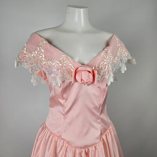 Vintage Pink Satin Off Shoulder Flower Girl Party Dress with Lace Appliqué Size S/M