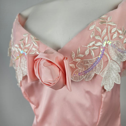 Vintage Pink Satin Off Shoulder Flower Girl Party Dress with Lace Appliqué Size S/M