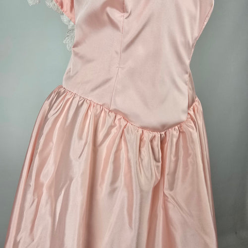 Vintage Pink Satin Off Shoulder Flower Girl Party Dress with Lace Appliqué Size S/M