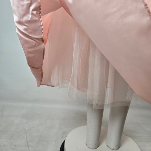 Vintage Pink Satin Off Shoulder Flower Girl Party Dress with Lace Appliqué Size S/M