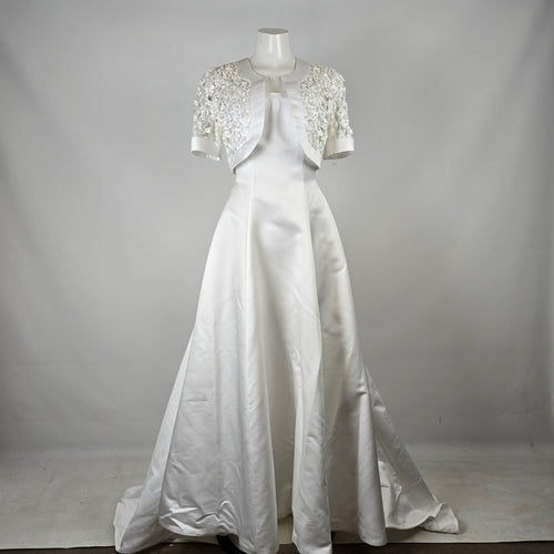 Alfred Angelo White Satin Wedding Dress with Beaded Bolero Jacket Size 8