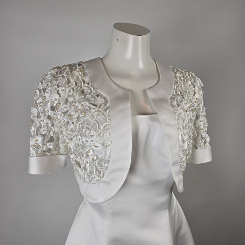 Alfred Angelo White Satin Wedding Dress with Beaded Bolero Jacket Size 8