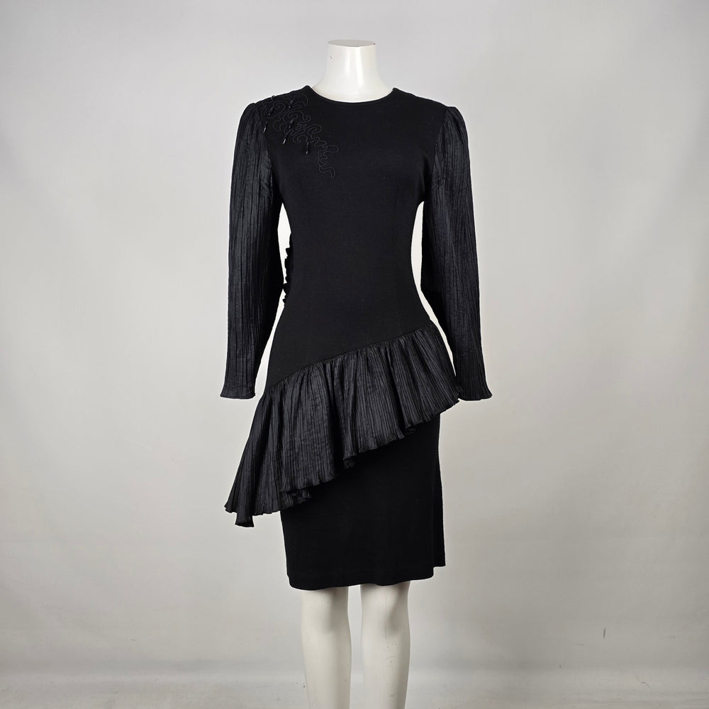 Vintage Blume Black Wool Pleated Asymmetrical Peplum Dress Size S