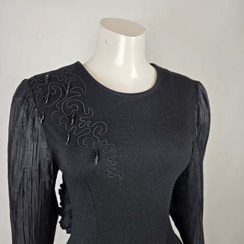 Vintage Blume Black Wool Pleated Asymmetrical Peplum Dress Size S