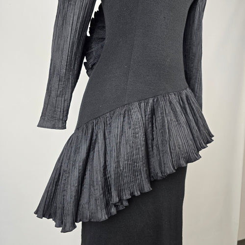 Vintage Blume Black Wool Pleated Asymmetrical Peplum Dress Size S
