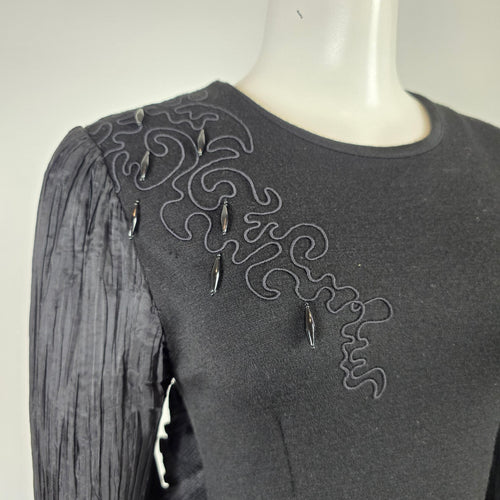 Vintage Blume Black Wool Pleated Asymmetrical Peplum Dress Size S