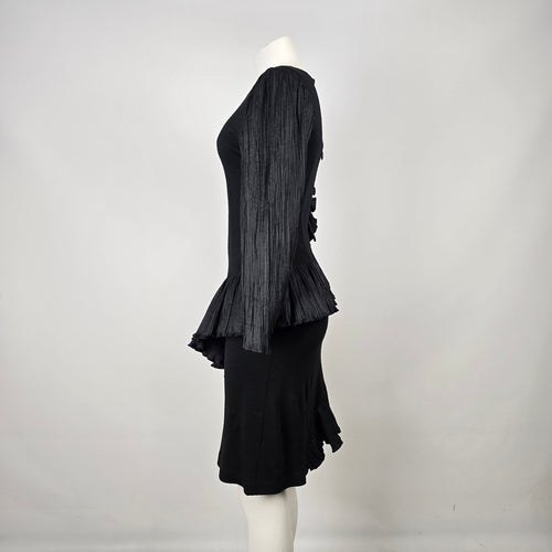 Vintage Blume Black Wool Pleated Asymmetrical Peplum Dress Size S