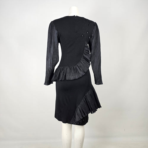 Vintage Blume Black Wool Pleated Asymmetrical Peplum Dress Size S