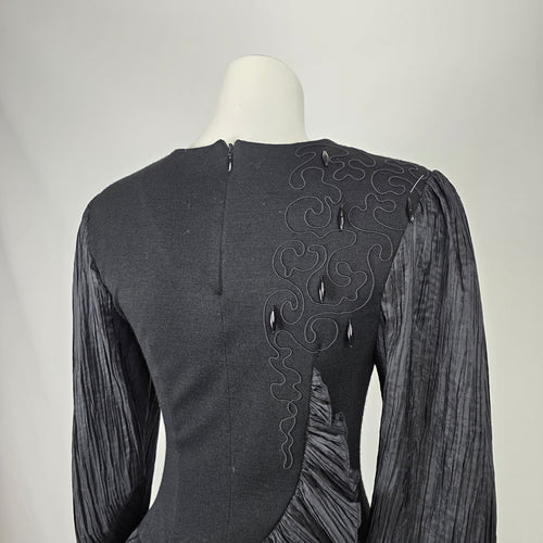 Vintage Blume Black Wool Pleated Asymmetrical Peplum Dress Size S