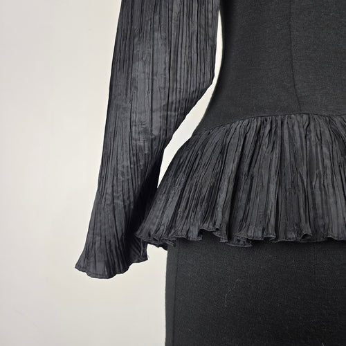 Vintage Blume Black Wool Pleated Asymmetrical Peplum Dress Size S