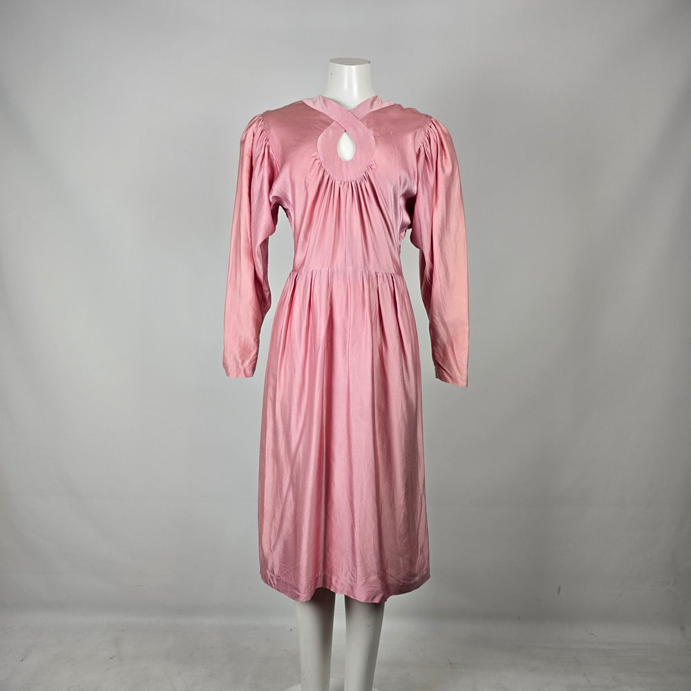 Vintage Pink Silk Keyhole Puff Sleeve Dress Size S