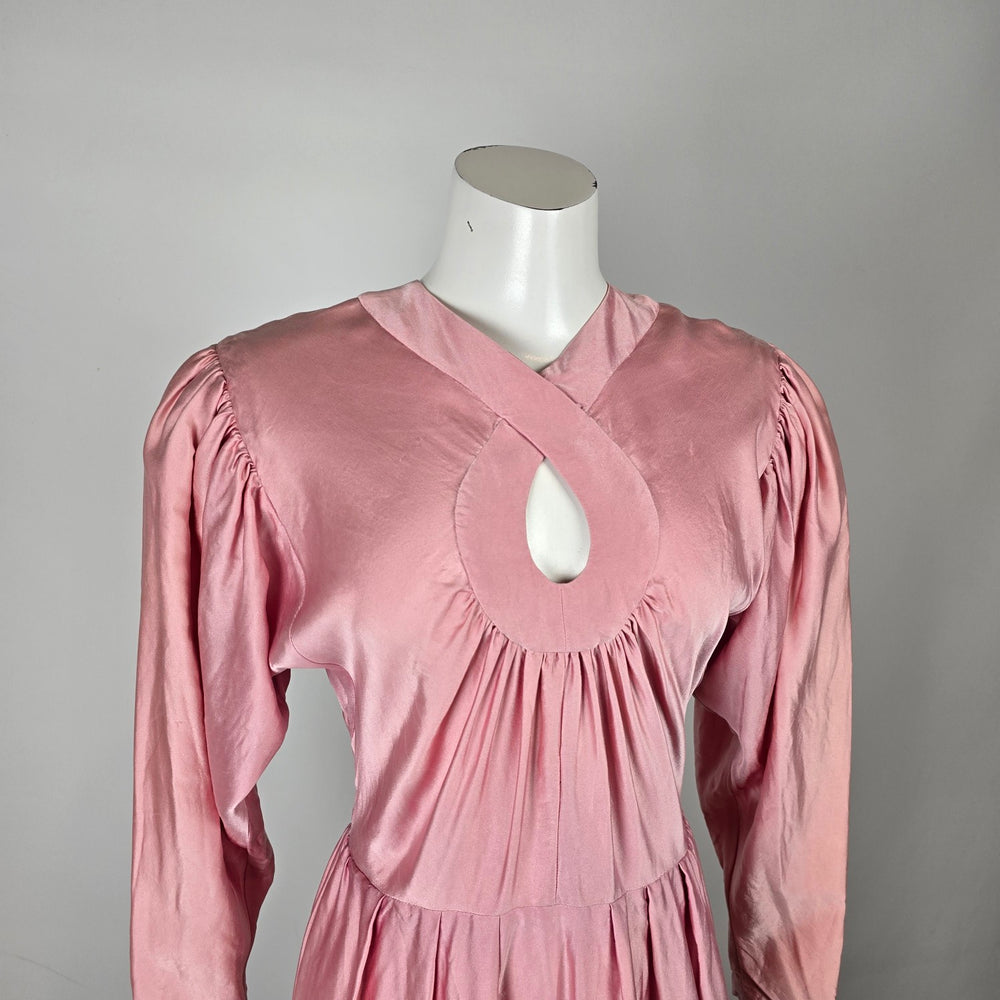 Vintage Pink Silk Keyhole Puff Sleeve Dress Size S