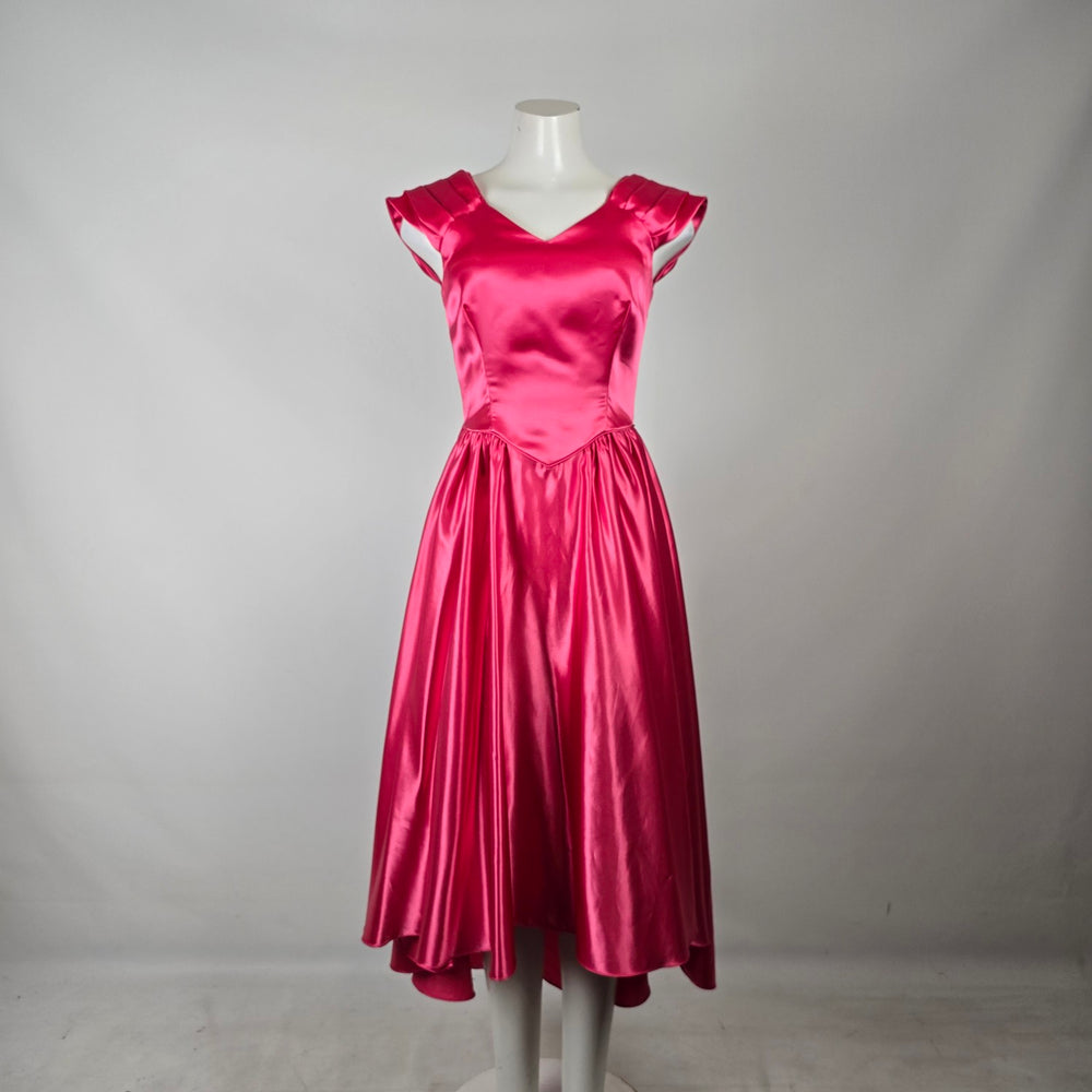 Vintage 80s Hot Pink Satin Fit & Flare Formal Dress Size S