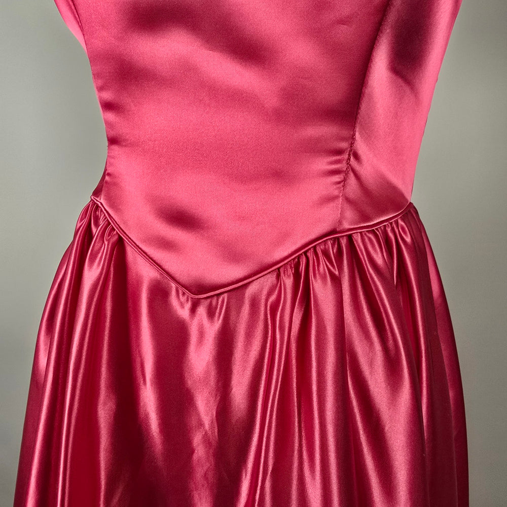 Vintage 80s Hot Pink Satin Fit & Flare Formal Dress Size S