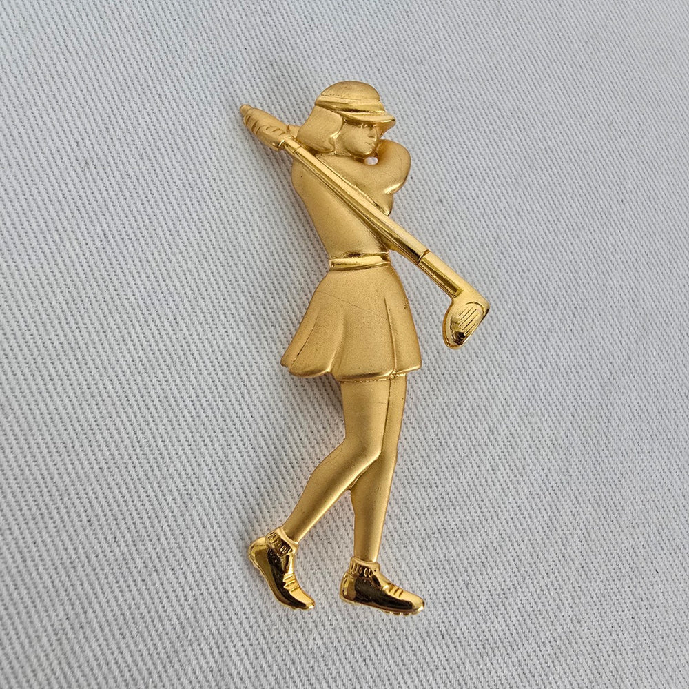 Vintage JJ Gold Tone Woman Golfer Brooch Pin Golf Club Sports