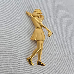 Vintage JJ Gold Tone Woman Golfer Brooch Pin Golf Club Sports