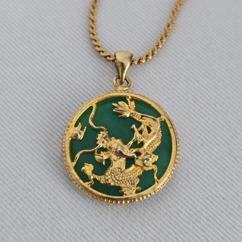 Vintage W Germany Gold Filled Green Stone Bird Pendant Necklace