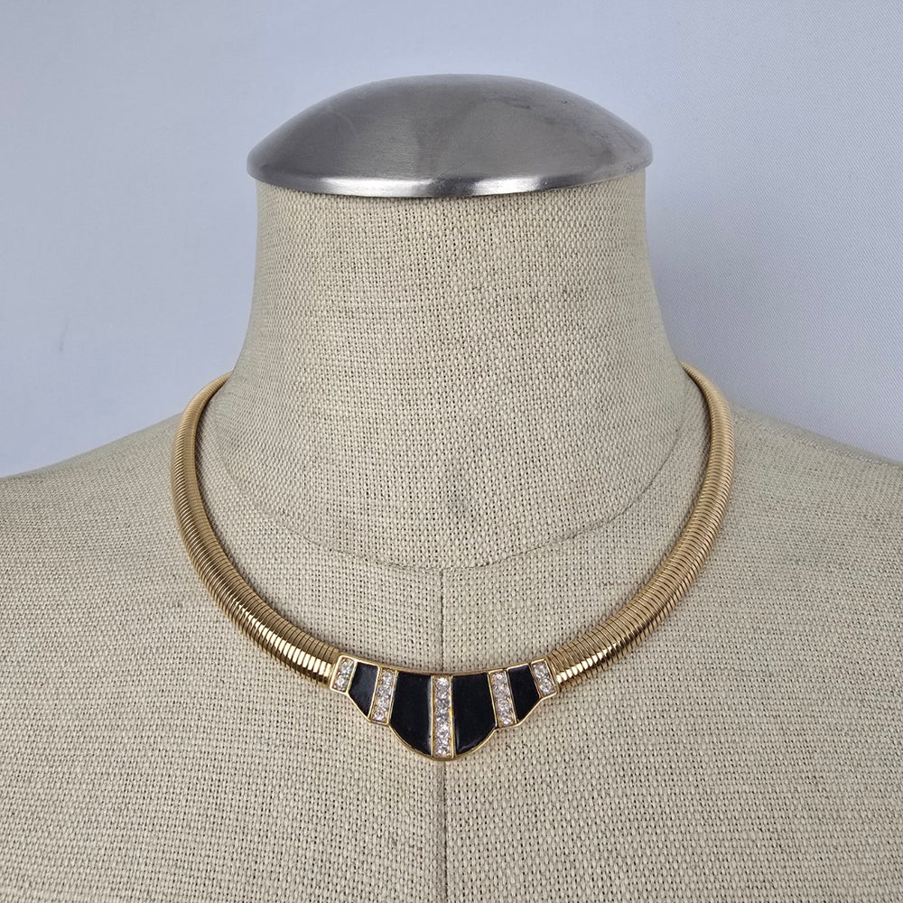 Nina Ricci Gold Tone Black Enamel Rhinestone Collar Necklace