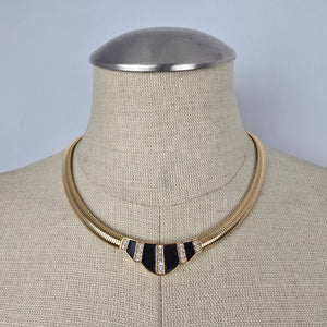 Nina Ricci Gold Tone Black Enamel Rhinestone Collar Necklace