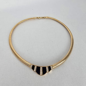 Nina Ricci Gold Tone Black Enamel Rhinestone Collar Necklace