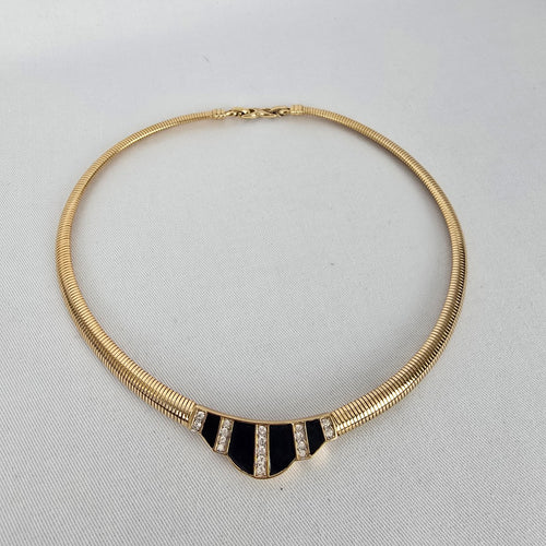 Nina Ricci Gold Tone Black Enamel Rhinestone Collar Necklace