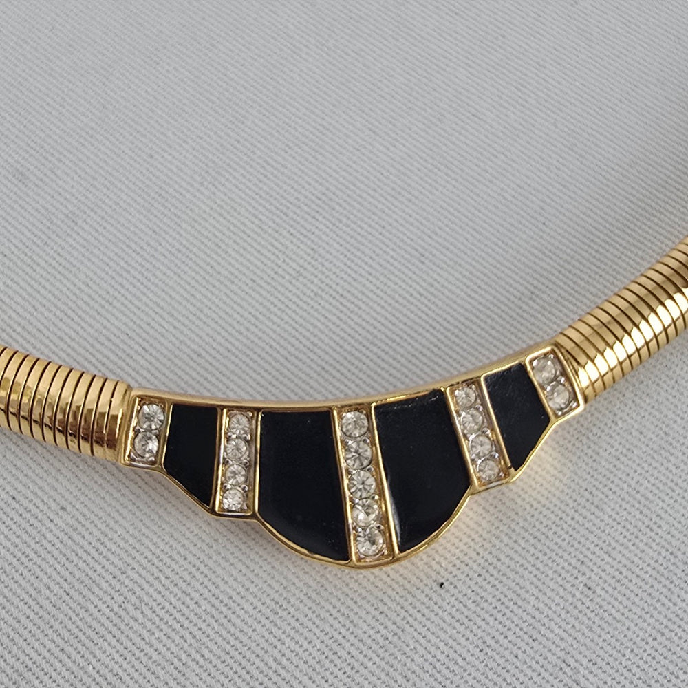 Nina Ricci Gold Tone Black Enamel Rhinestone Collar Necklace